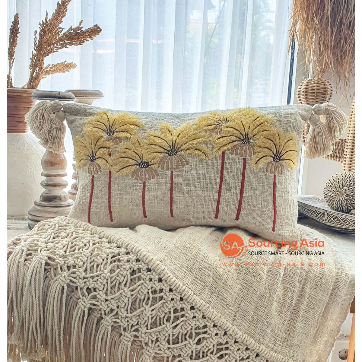 MAC247 NATURAL RAW COTTON CUSHION COVER WITH PALM EMBROIDERY AND TASSELS (PRICE WITHOUT INNER)