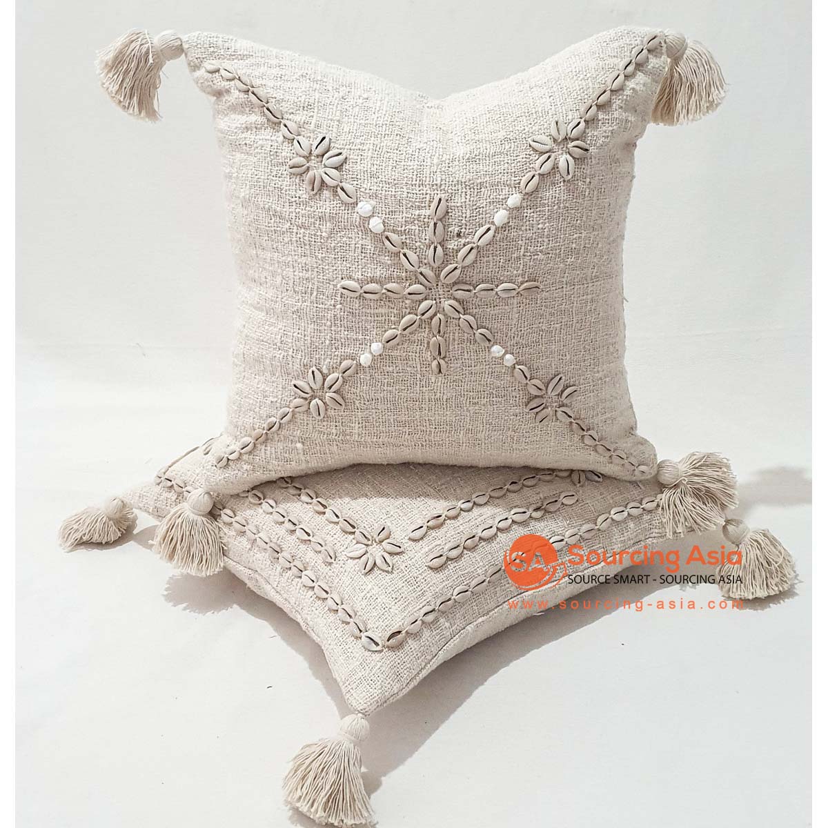 MAC249 NATURAL RAW COTTON CUSHION COVER WITH SHELLS AND TASSELS (PRICE WITHOUT INNER)