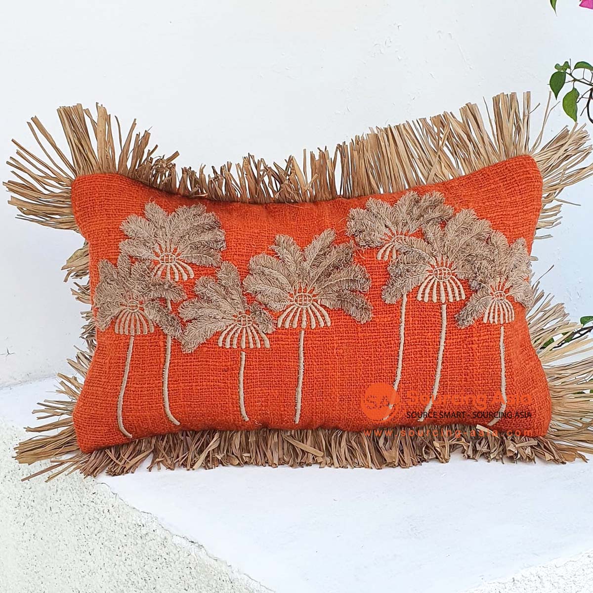 MAC252 RAW COTTON CUSHION COVER WITH PALM TREES EMBROIDERY AND STRAW FRINGE (PRICE WITHOUT INNER)