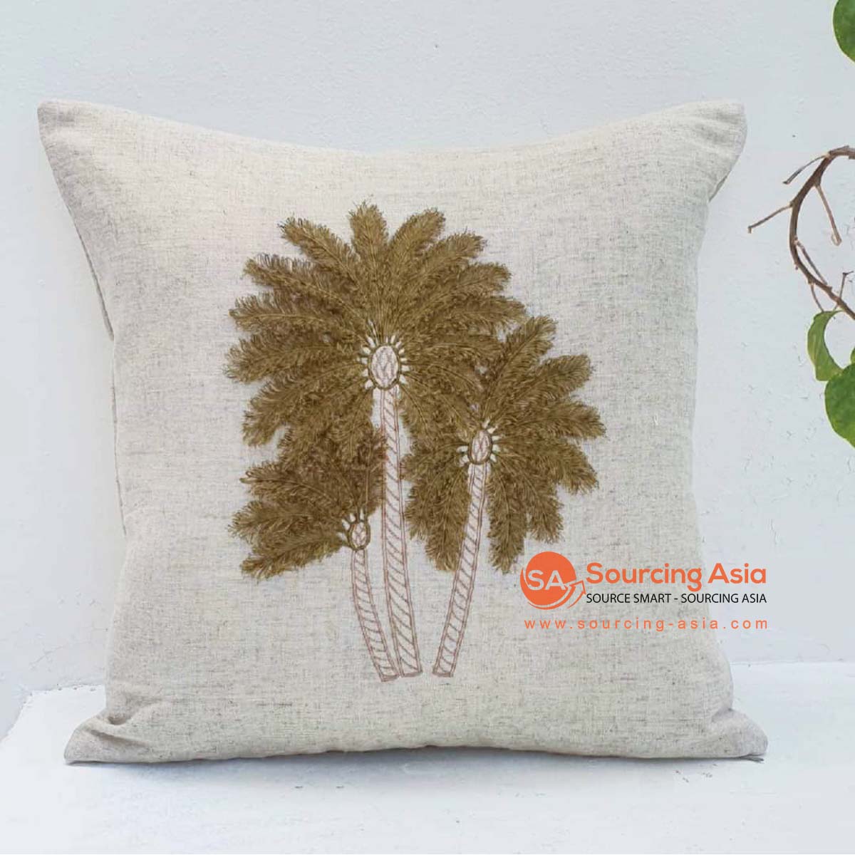 MAC254 NATURAL COTTON CUSHION COVER WITH PALM EMBROIDERY (PRICE WITHOUT INNER)