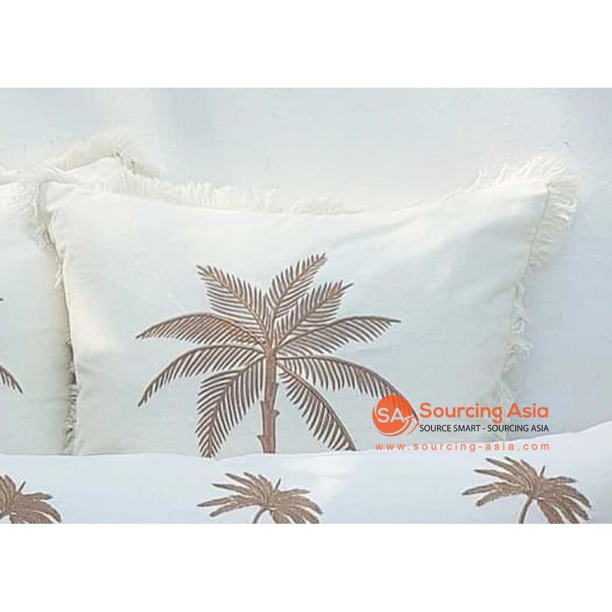 MAC265 OFF WHITE COTTON CUSHION COVER WITH PALM EMBROIDERY AND FRINGE (PRICE WITHOUT INNER)