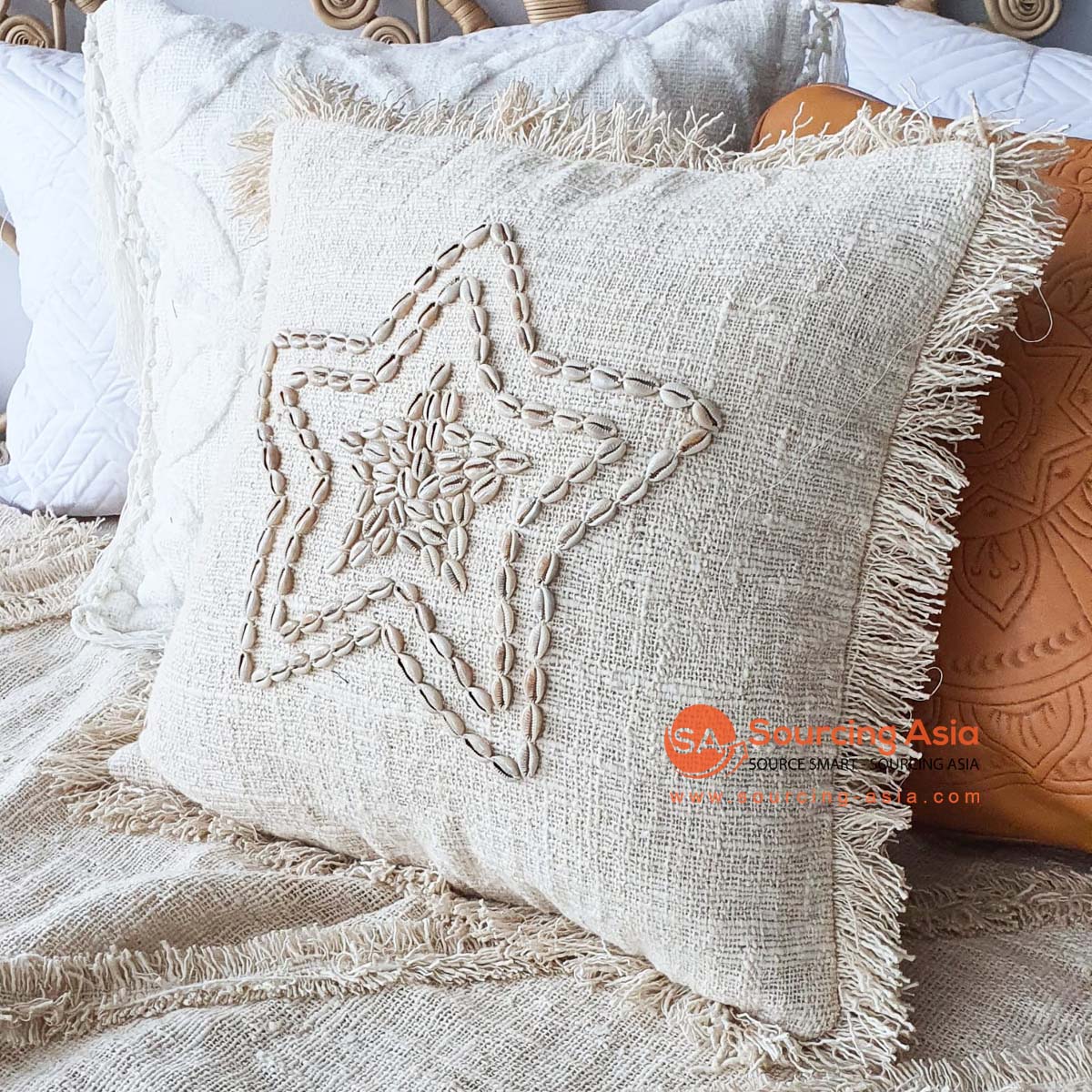 MAC267 NATURAL RAW COTTON CUSHION COVER WITH STAR SHELLS AND FRINGE (PRICE WITHOUT INNER)