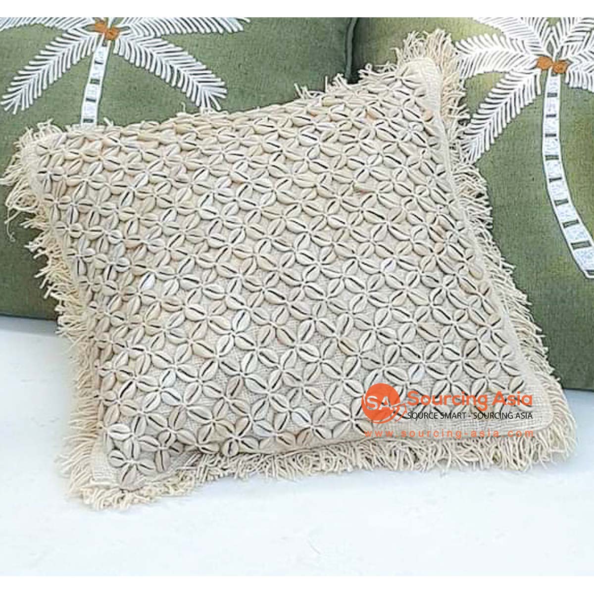 MAC268 NATURAL RAW COTTON CUSHION COVER WITH SHELLS AND FRINGE (PRICE WITHOUT INNER)