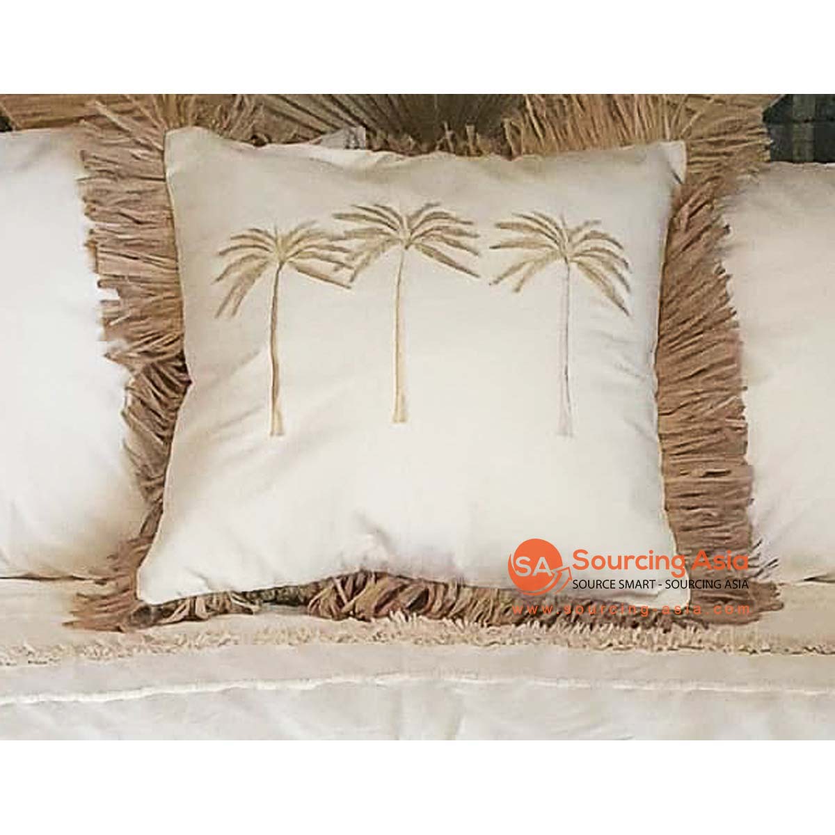 MAC276 OFF WHITE COTTON CUSHION COVER WITH PALM TREES EMBROIDERY AND STRAW FRINGE (PRICE WITHOUT INNER)