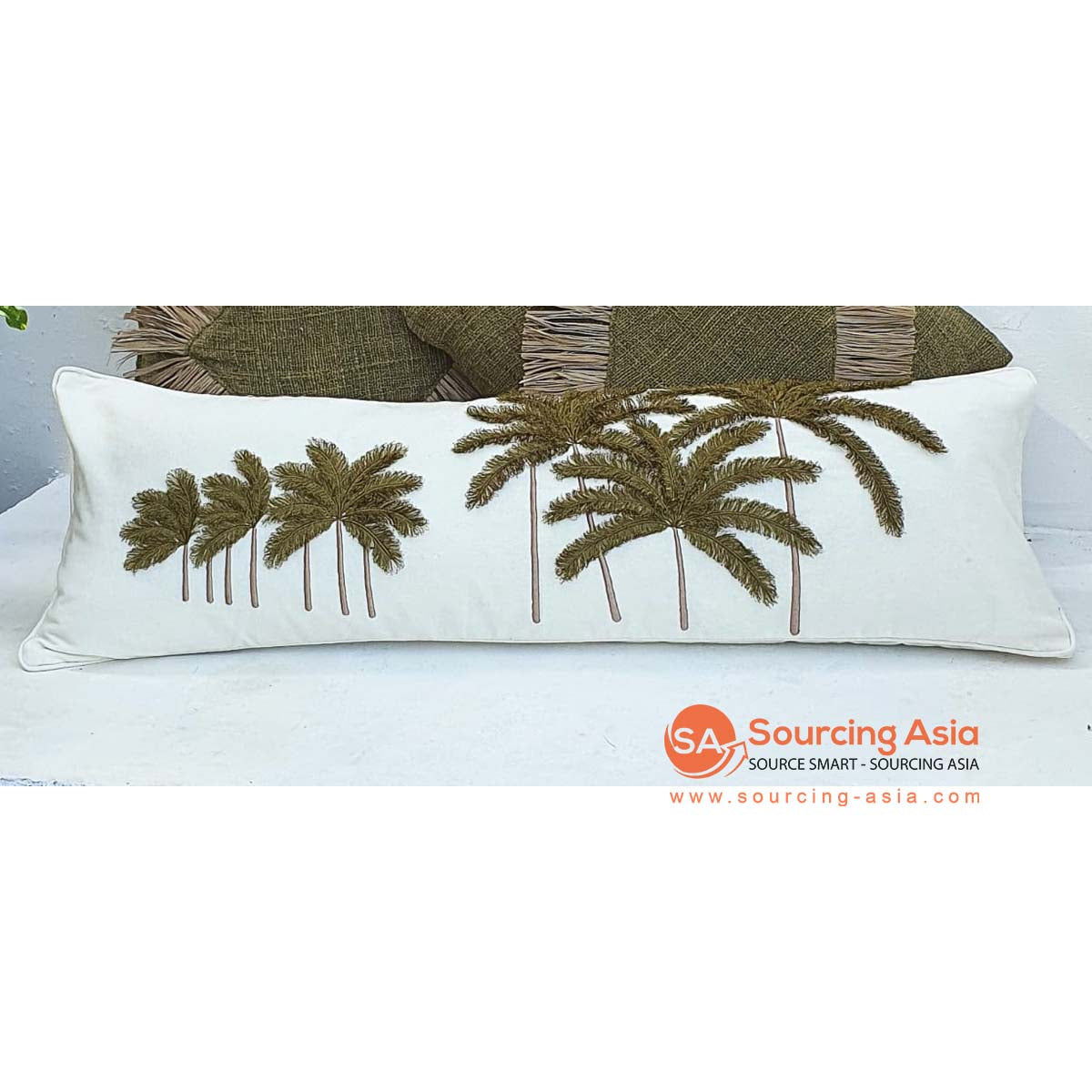 MAC285 OFF WHITE COTTON CUSHION COVER WITH PALM TREES EMBROIDERY (PRICE WITHOUT INNER)