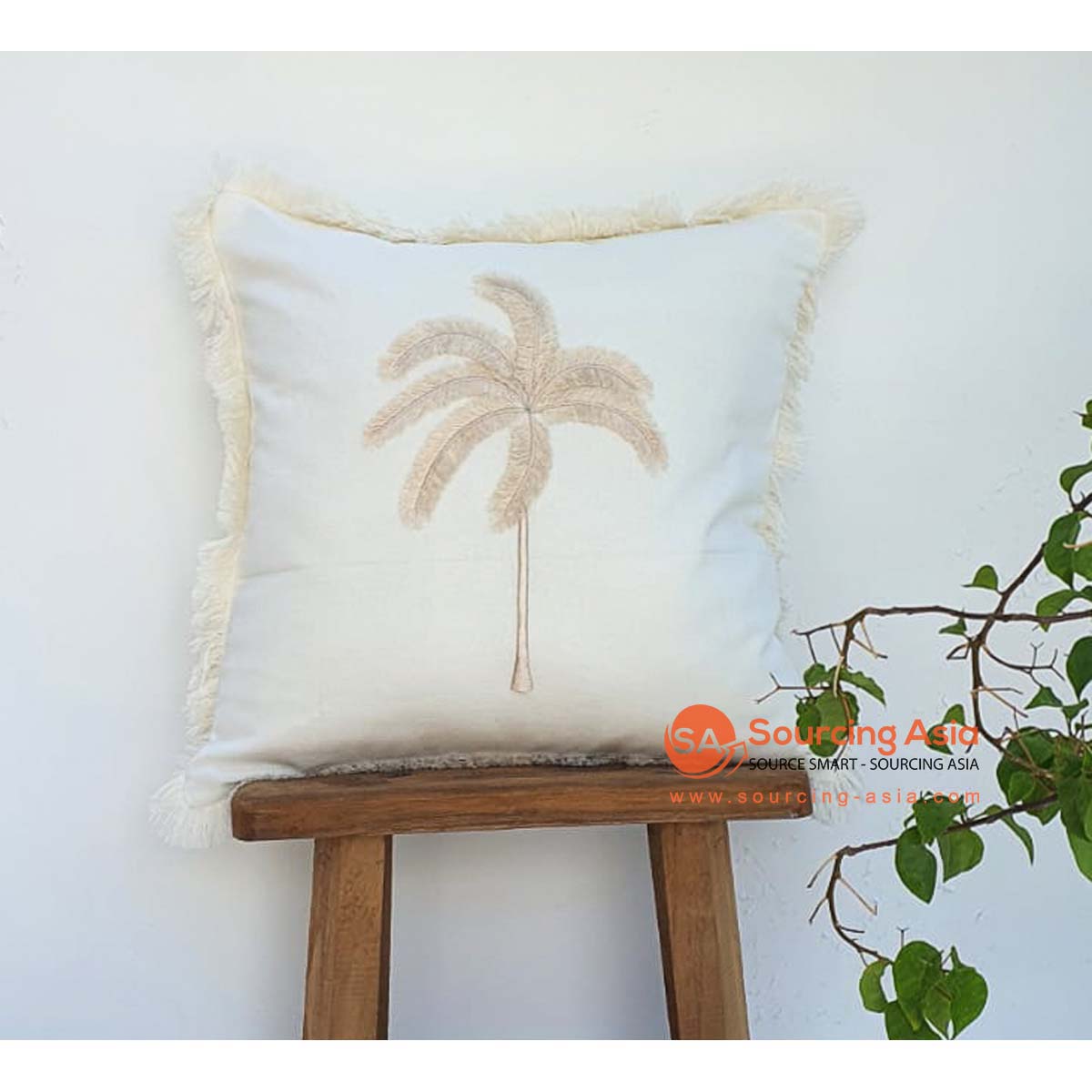 MAC298 OFF WHITE COTTON CUSHION COVER WITH PALM EMBROIDERY AND FRINGE (PRICE WITHOUT INNER)
