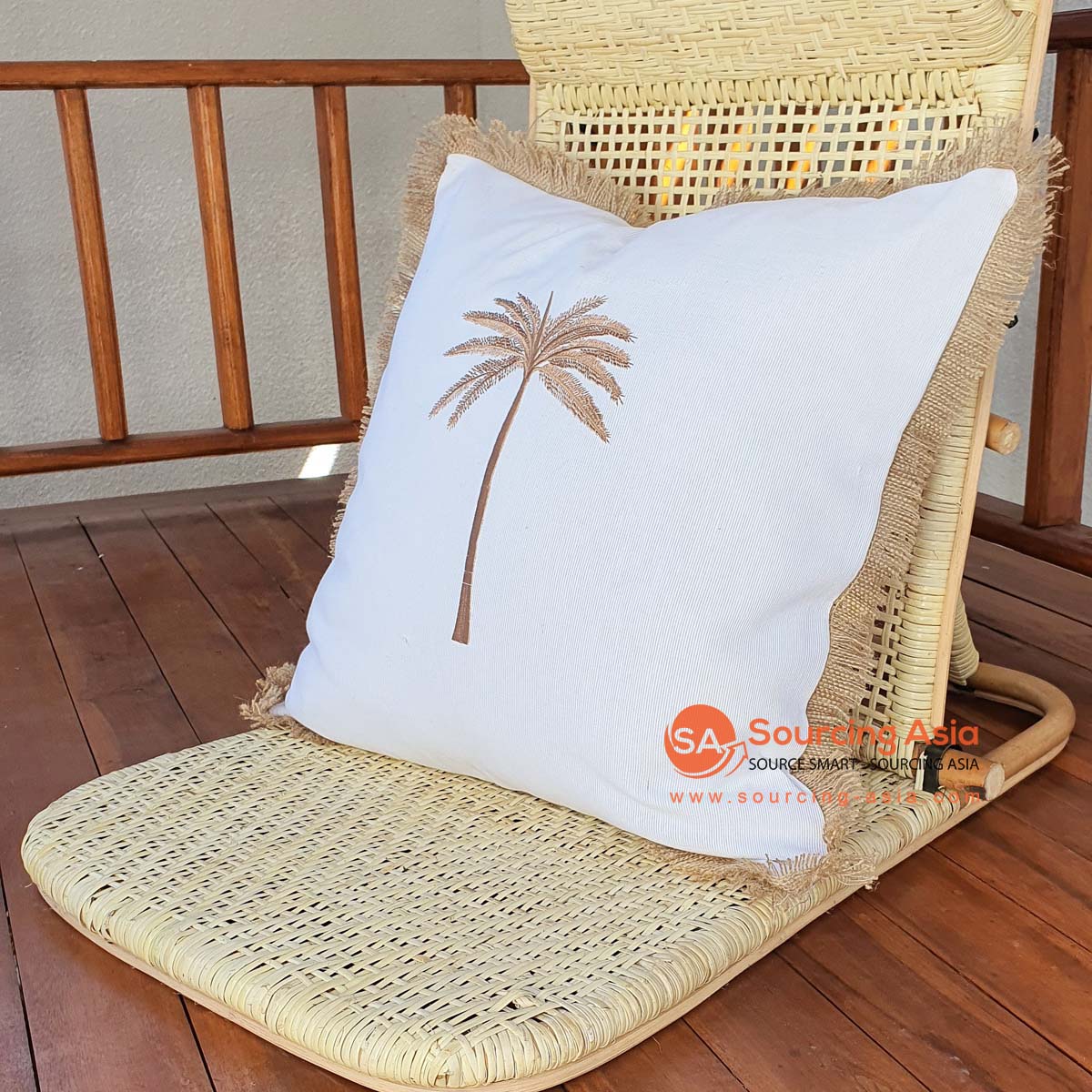 MAC299 OFF WHITE COTTON CUSHION COVER WITH PALM EMBROIDERY AND FRINGE (PRICE WITHOUT INNER)