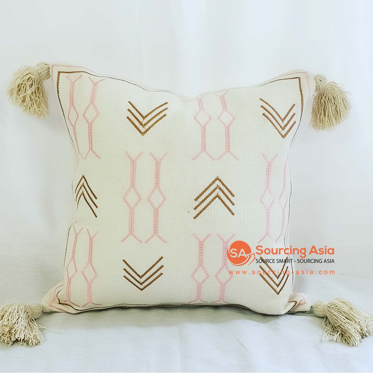 MAC301 OFF WHITE COTTON CUSHION COVER WITH EMBROIDERY AND TASSELS (PRICE WITHOUT INNER)