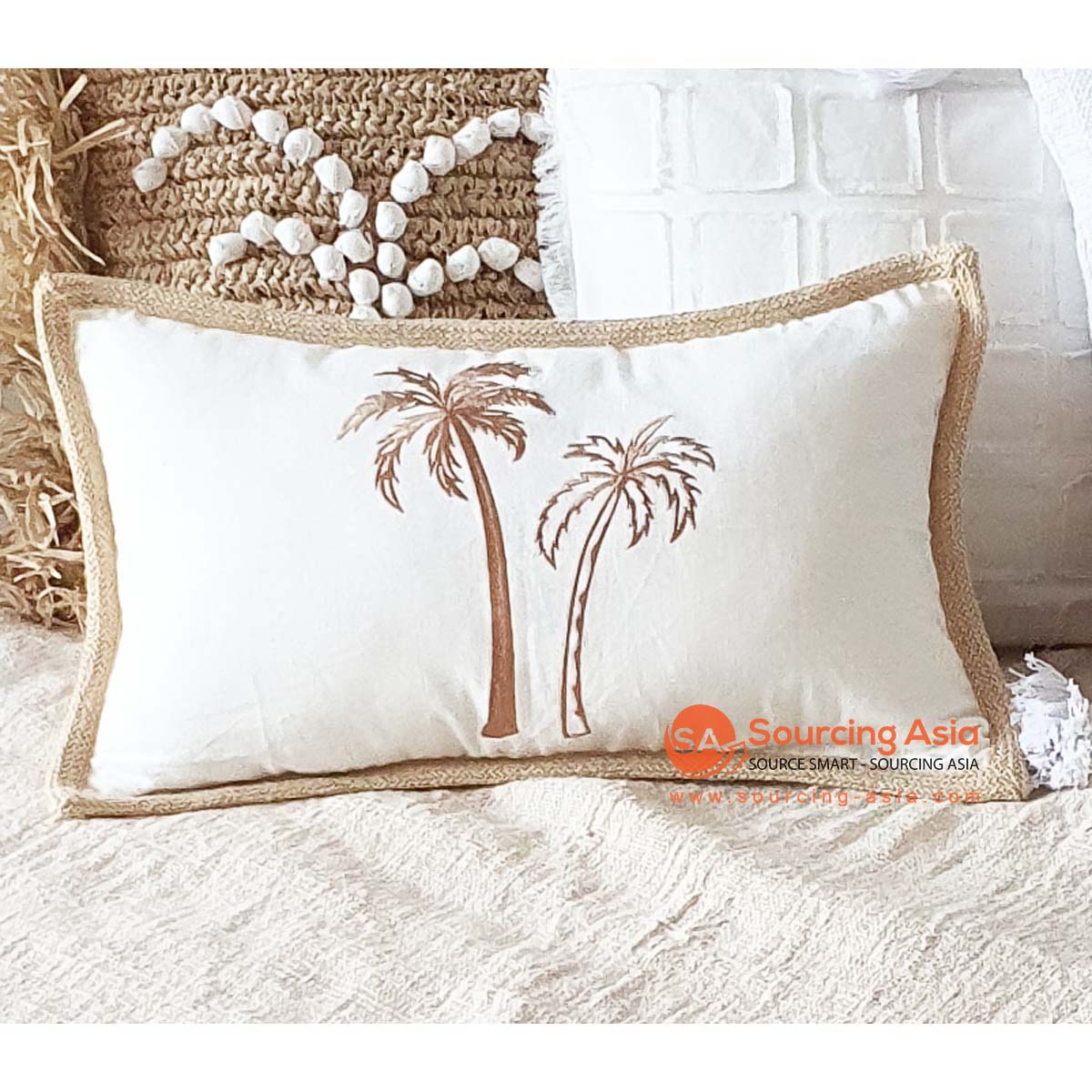 MAC304 OFF WHITE COTTON CUSHION COVER WITH PALM TREES EMBROIDERY (PRICE WITHOUT INNER)