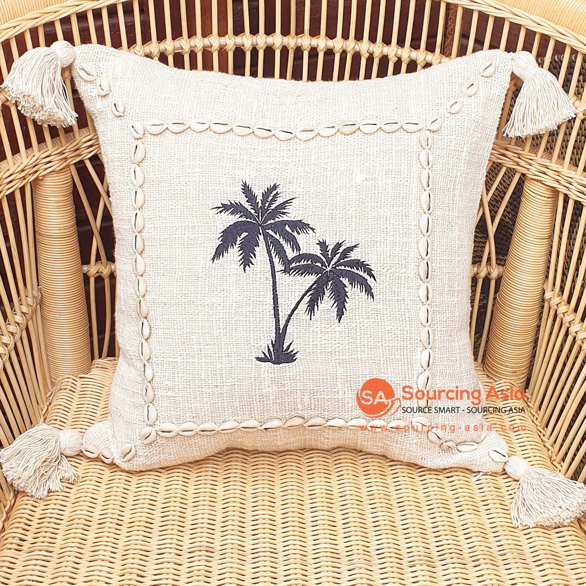 MAC306 NATURAL RAW COTTON CUSHION COVER WITH SHELLS, PALM TREES EMBROIDERY AND TASSELS (PRICE WITHOUT INNER)