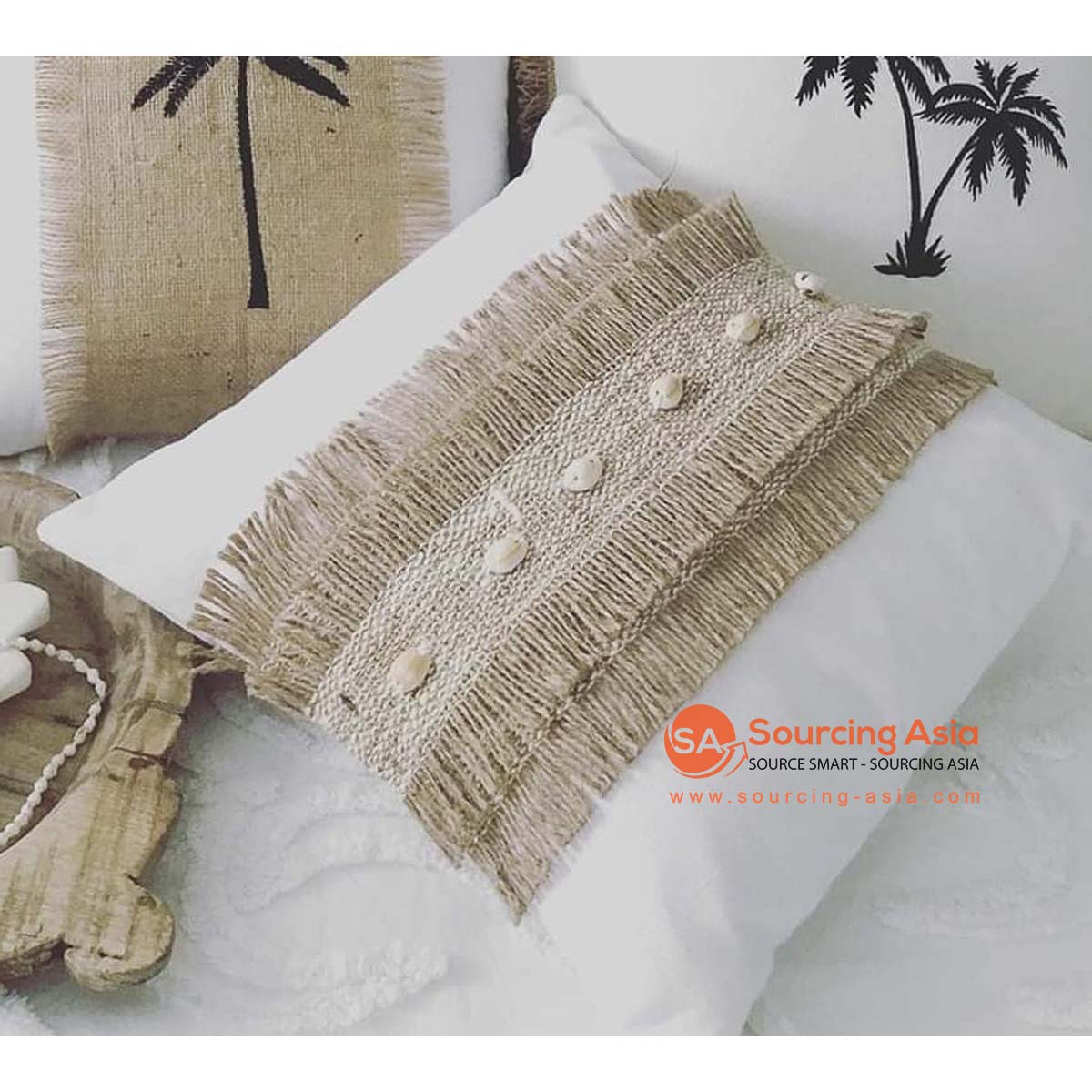 MAC307 OFF WHITE COTTON CUSHION COVER WITH SHELL AND FRINGE (PRICE WITHOUT INNER)