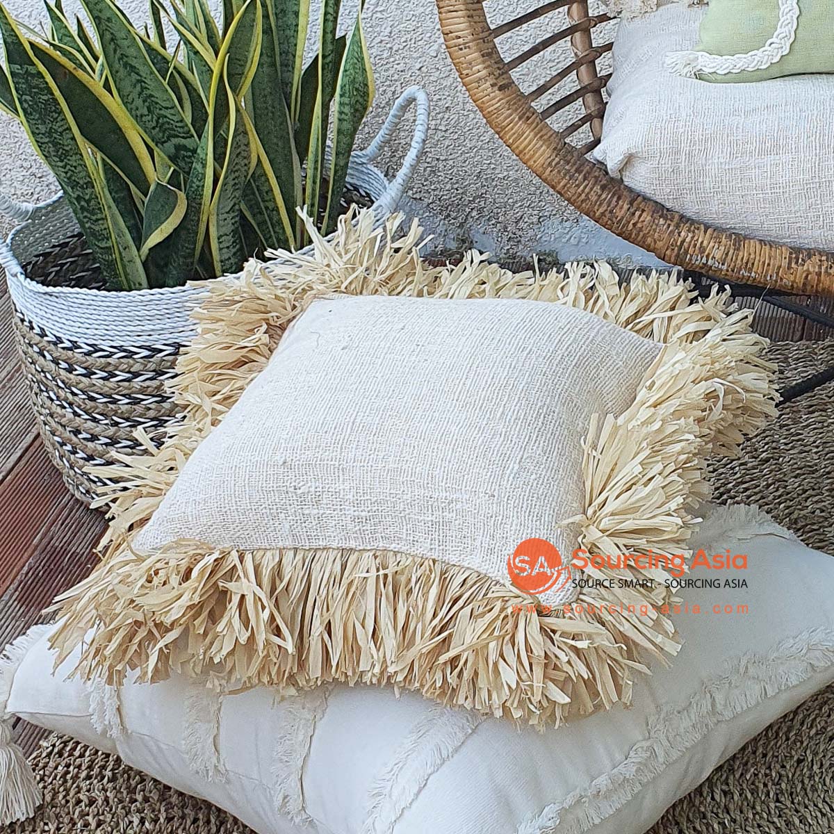 MAC309 NATURAL RAW COTTON CUSHION COVER WITH STRAW FRINGE (PRICE WITHOUT INNER)