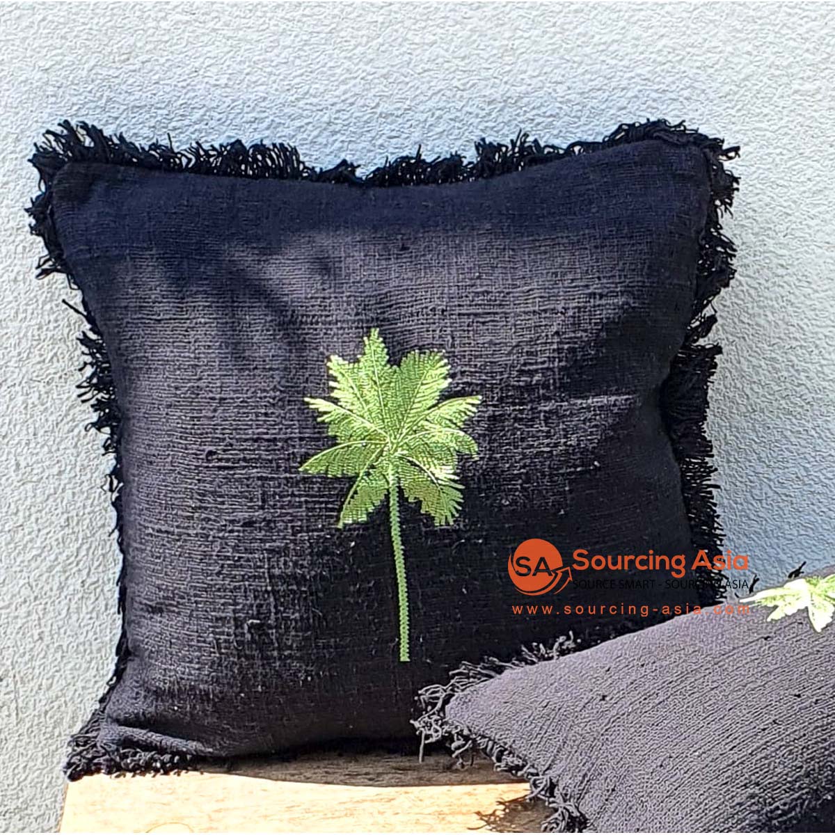 MAC323 BLACK RAW COTTON CUSHION COVER WITH EMBROIDERY AND FRINGE (PRICE WITHOUT INNER)