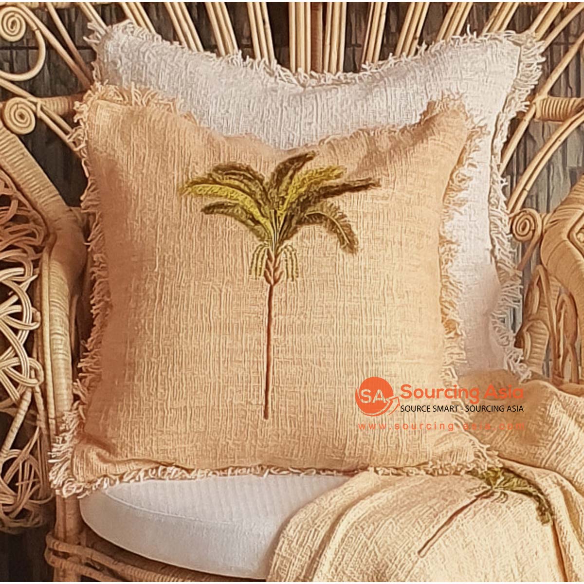 MAC324 RAW COTTON CUSHION COVER WITH EMBROIDERY AND FRINGE (PRICE WITHOUT INNER)