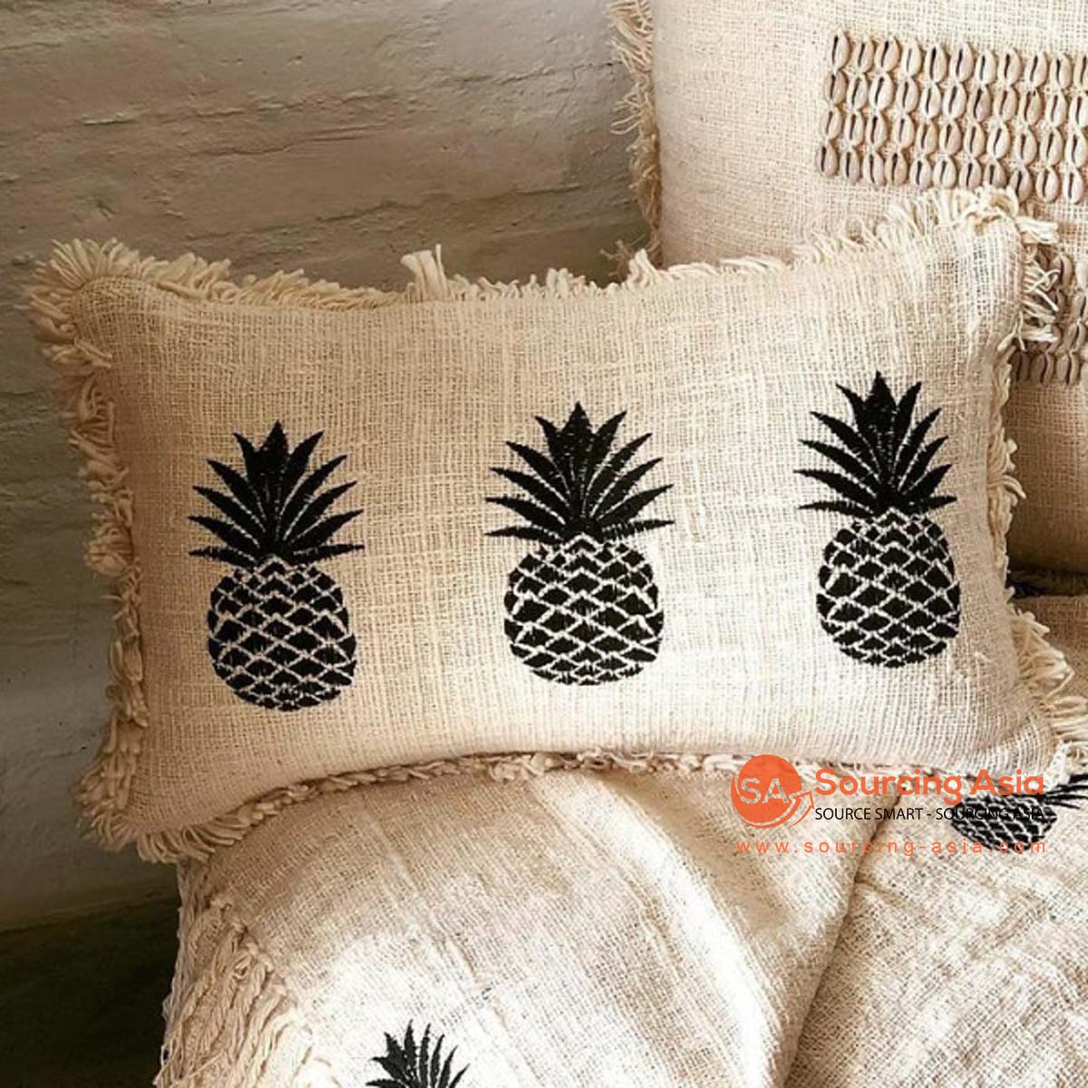 MAC337 NATURAL RAW COTTON CUSHION COVER WITH PINEAPPLE EMBROIDERY AND FRINGE (PRICE WITHOUT INNER)