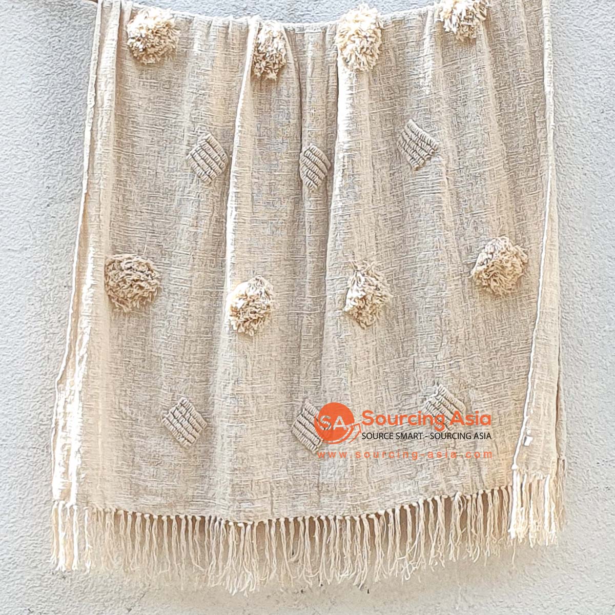 MAC350 NATURAL RAW COTTON THROW WITH EMBROIDERY AND FRINGE