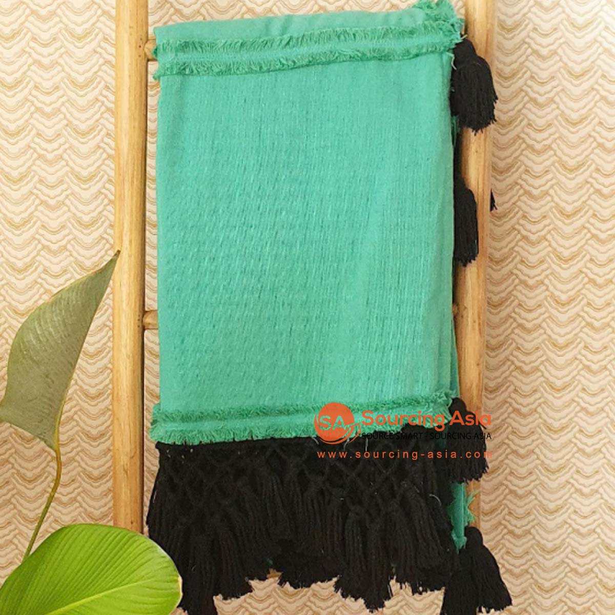 MAC352 TEAL COTTON THROW WITH BLACK MACRAME AND TASSELS