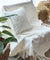 MAC379 WHITE RAW COTTON THROW WITH WHITE PALM EMBROIDERED AND TASSELS