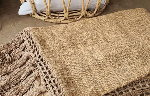 MAC381-1 BROWN RAW COTTON THROW WITH LACE EDGE AND TASSELS