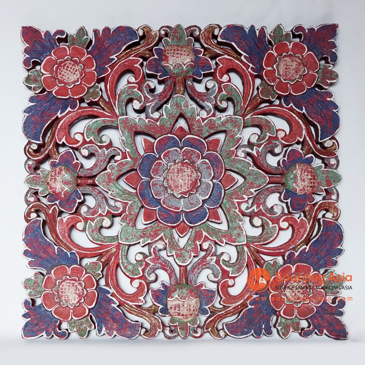 MANC002 MULTICOLOR WOODEN SQUARE FLOWER CARVED PANEL