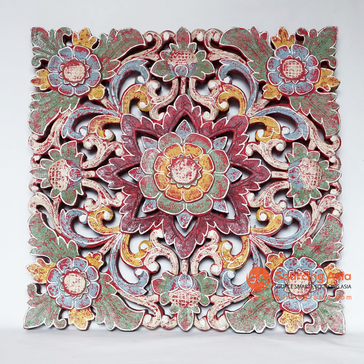MANC005 MULTICOLOR WOODEN SQUARE FLOWER CARVED PANEL