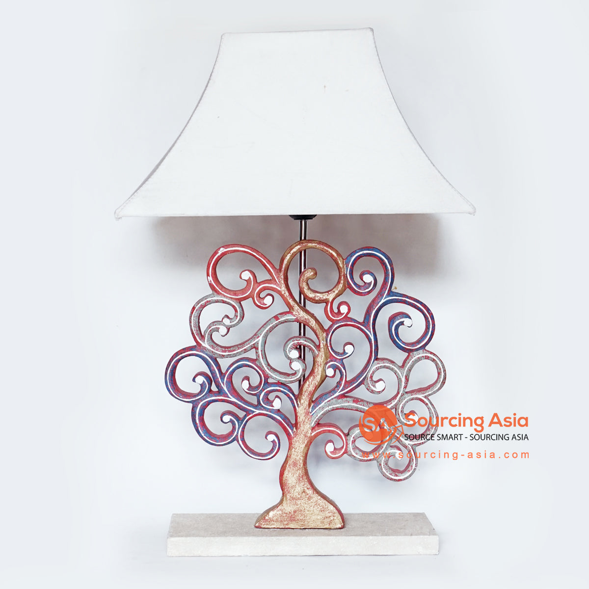 MANC041 TABLE LAMP WITH TREE DECORATION AND WHITE LAMP SHADE
