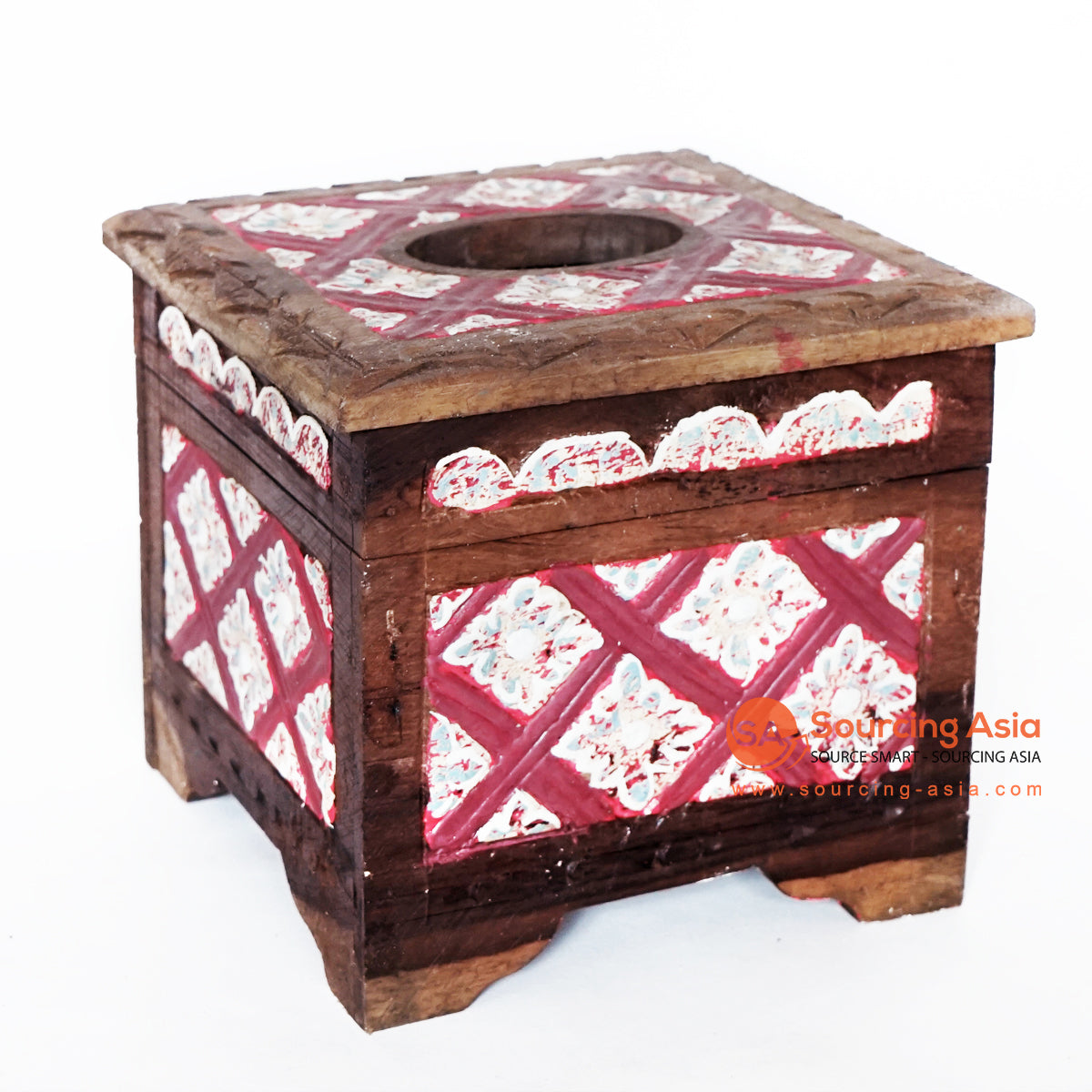 MANC075-1 RED AND WHITE WOODEN FLOWER CARVED SQUARE TISSUE BOX WITH LEGS