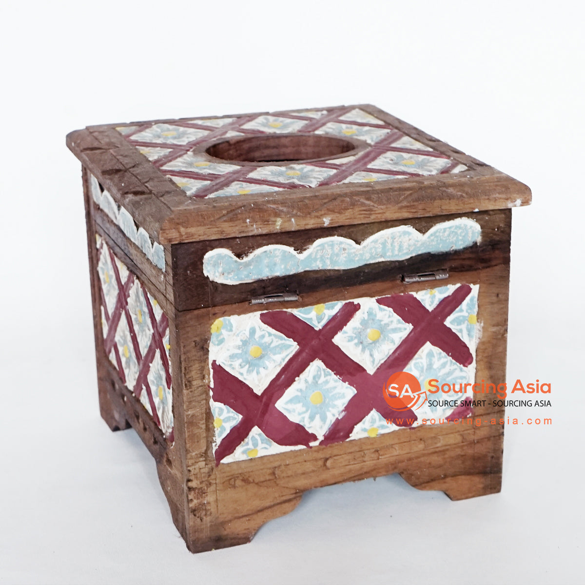 MANC075 RED AND BLUE WOODEN FLOWER CARVED SQUARE TISSUE BOX WITH LEGS