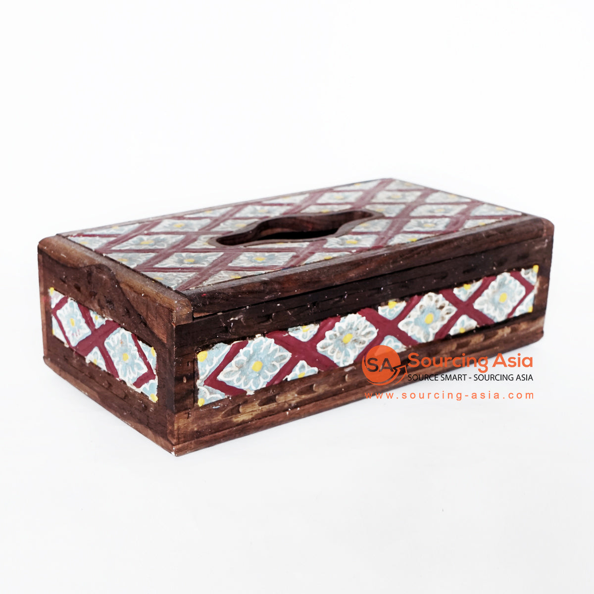 MANC076 RED AND BLUE WOODEN FLOWER CARVED RECTANGULAR TISSUE BOX