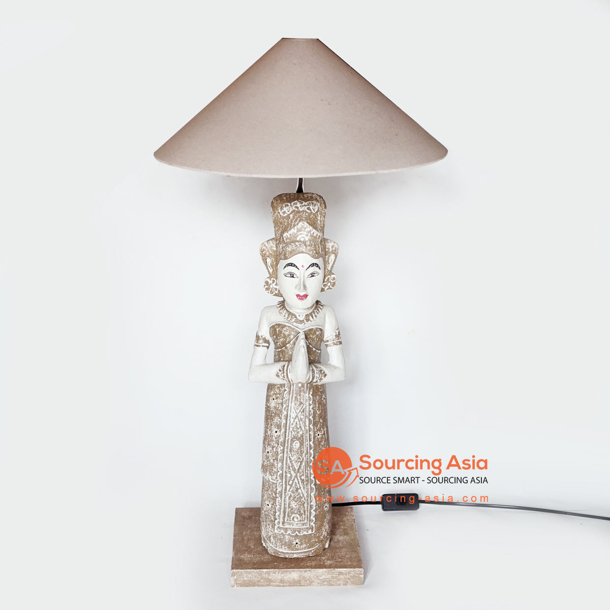 MANC090 WOODEN STANDING LAMP WITH BALINESE WOMAN STATUE AND LAMP SHADE