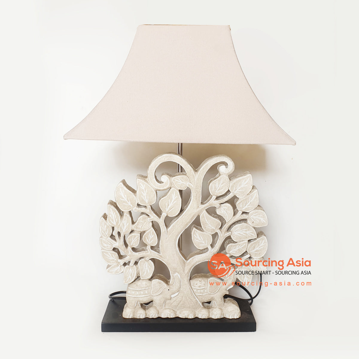 MANC093 WOODEN TREE CARVED TABLE LAMP WITH WHITE LAMP SHADE