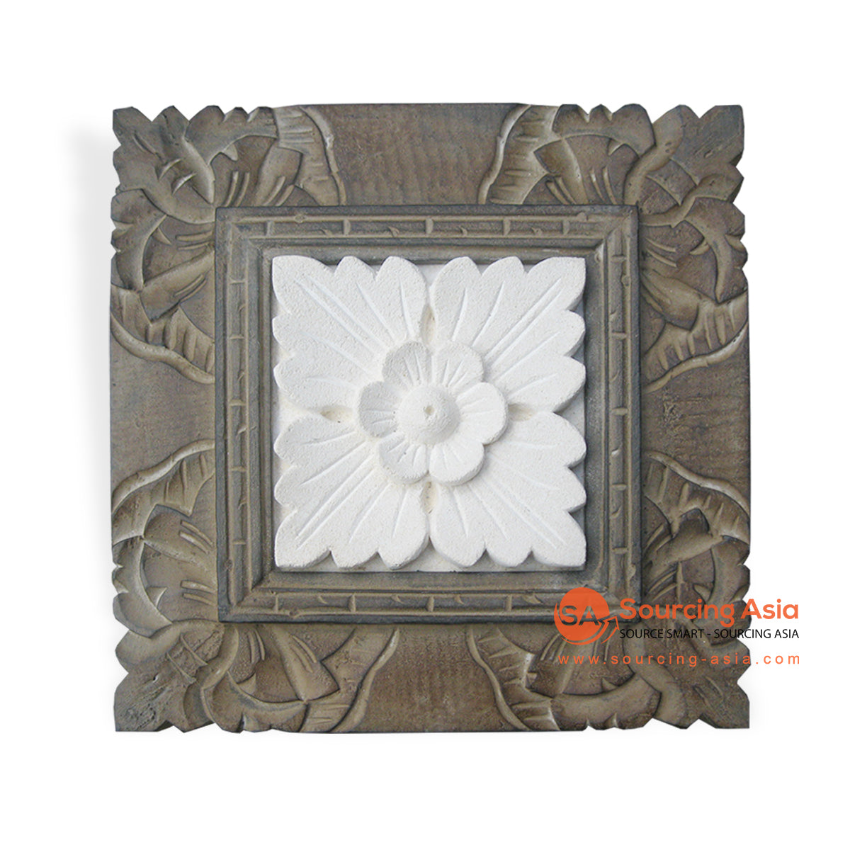 MHB027-4AG ANTIQUE GREEN LIMESTONE SQUARE FLOWER CARVED PANEL WITH FRAME
