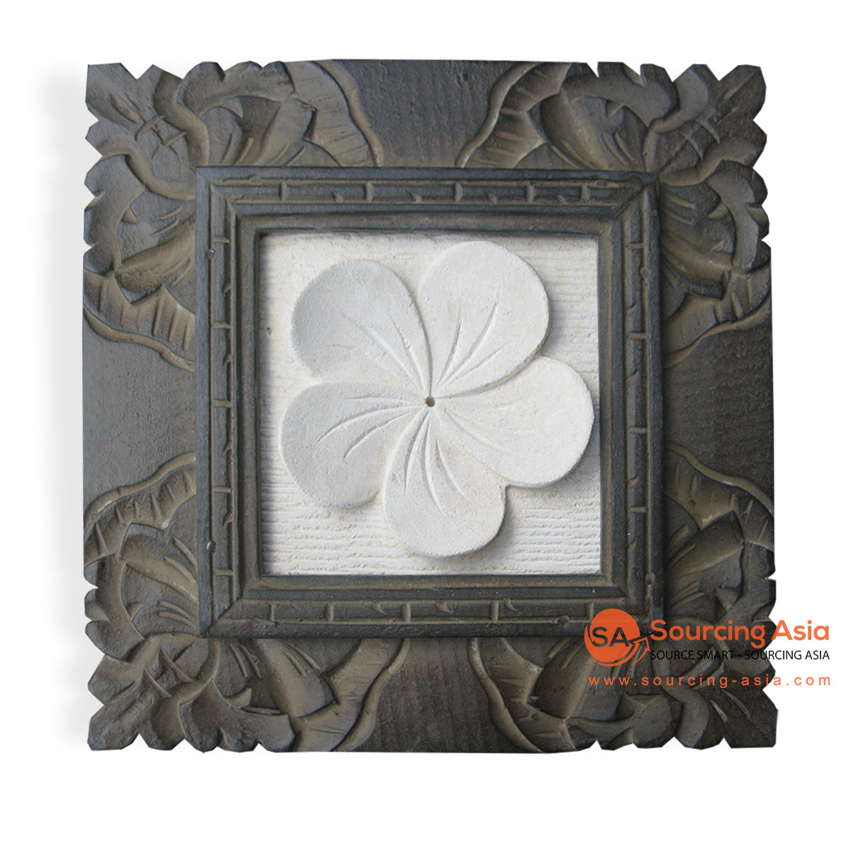 MHB116-4AG ANTIQUE GREEN LIMESTONE SQUARE FRANGIPANI FLOWER CARVED PANEL WITH FRAME