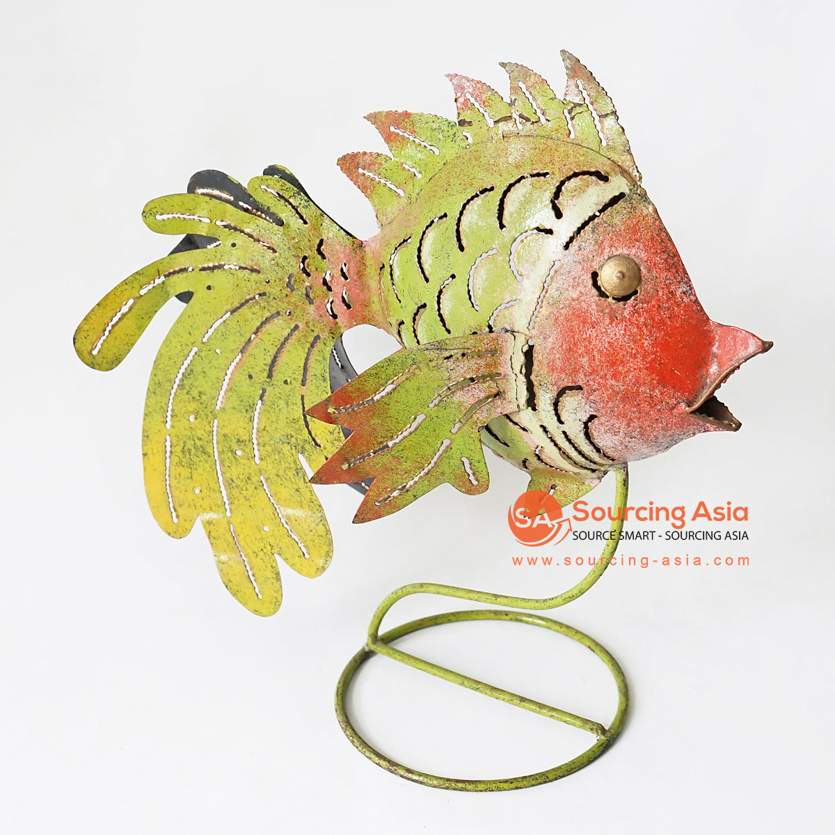 MHRC015 HAND PAINTED GREEN RED METAL FISH DECORATION WITH STAND