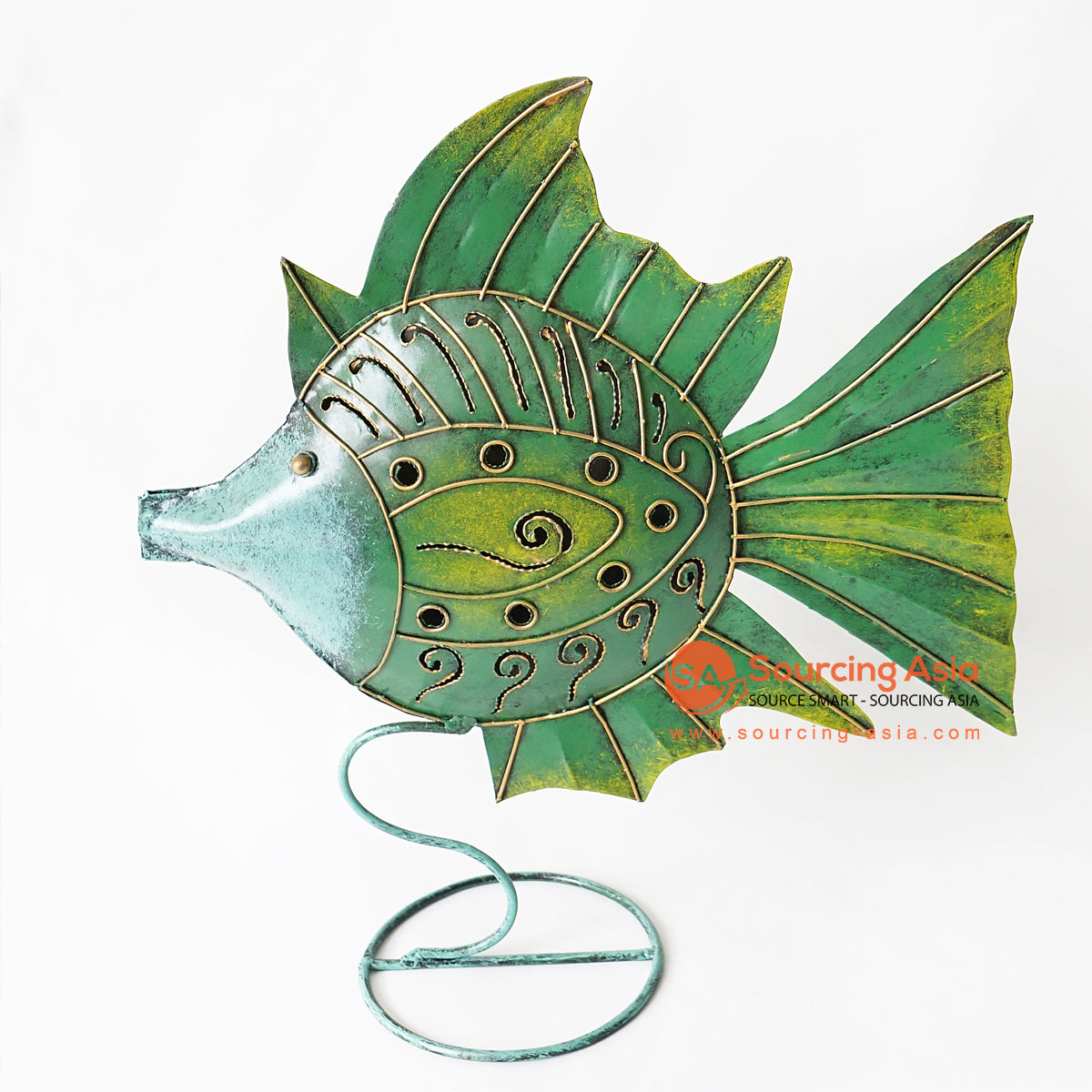 MHRC016 HAND PAINTED GREEN METAL FISH DECORATION WITH STAND