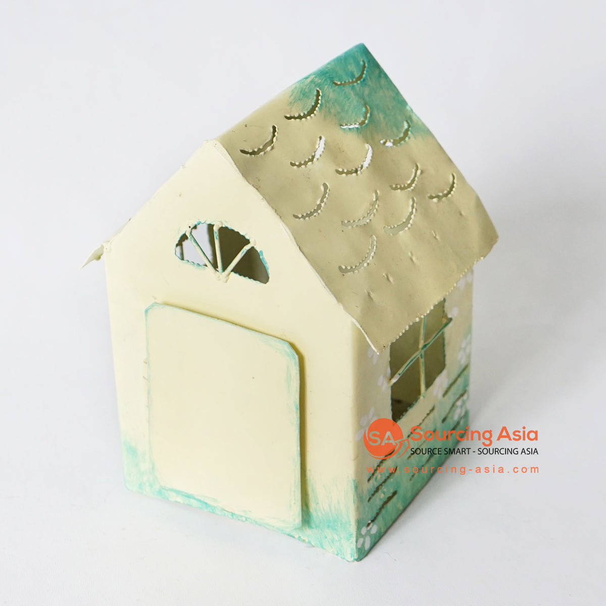 MHRC055 HAND PAINTED CREAM GREEN METAL SMALL HOUSE DECORATION