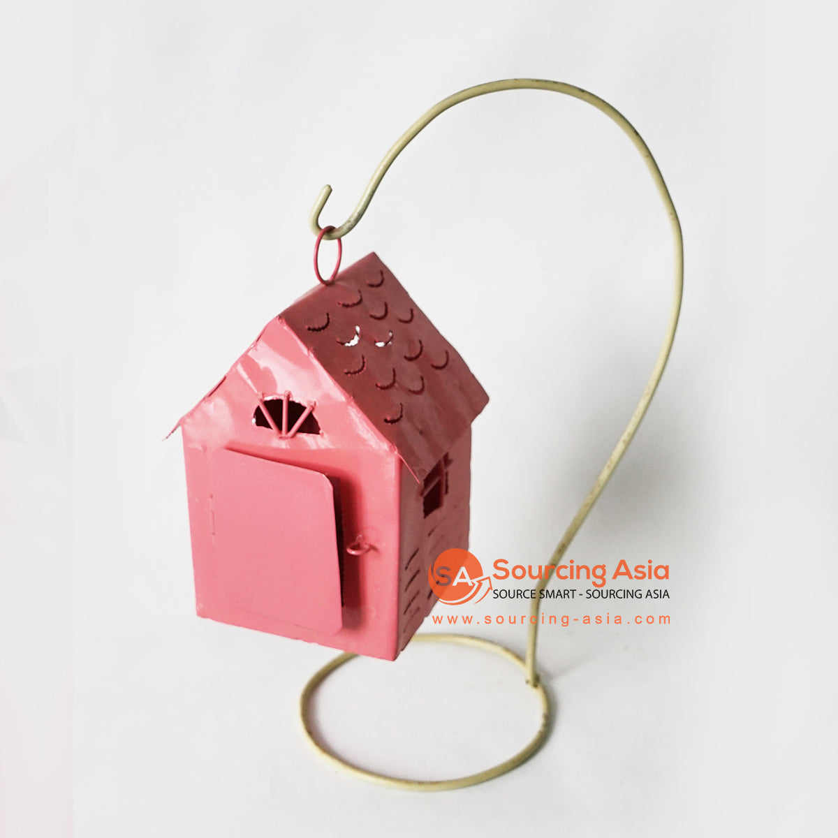 MHRC062 HAND PAINTED PINK METAL HANGING HOUSE DECORATION