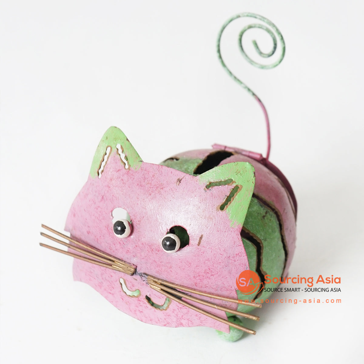 MHRC107 HAND PAINTED GREEN AND PINK METAL CAT DECORATION