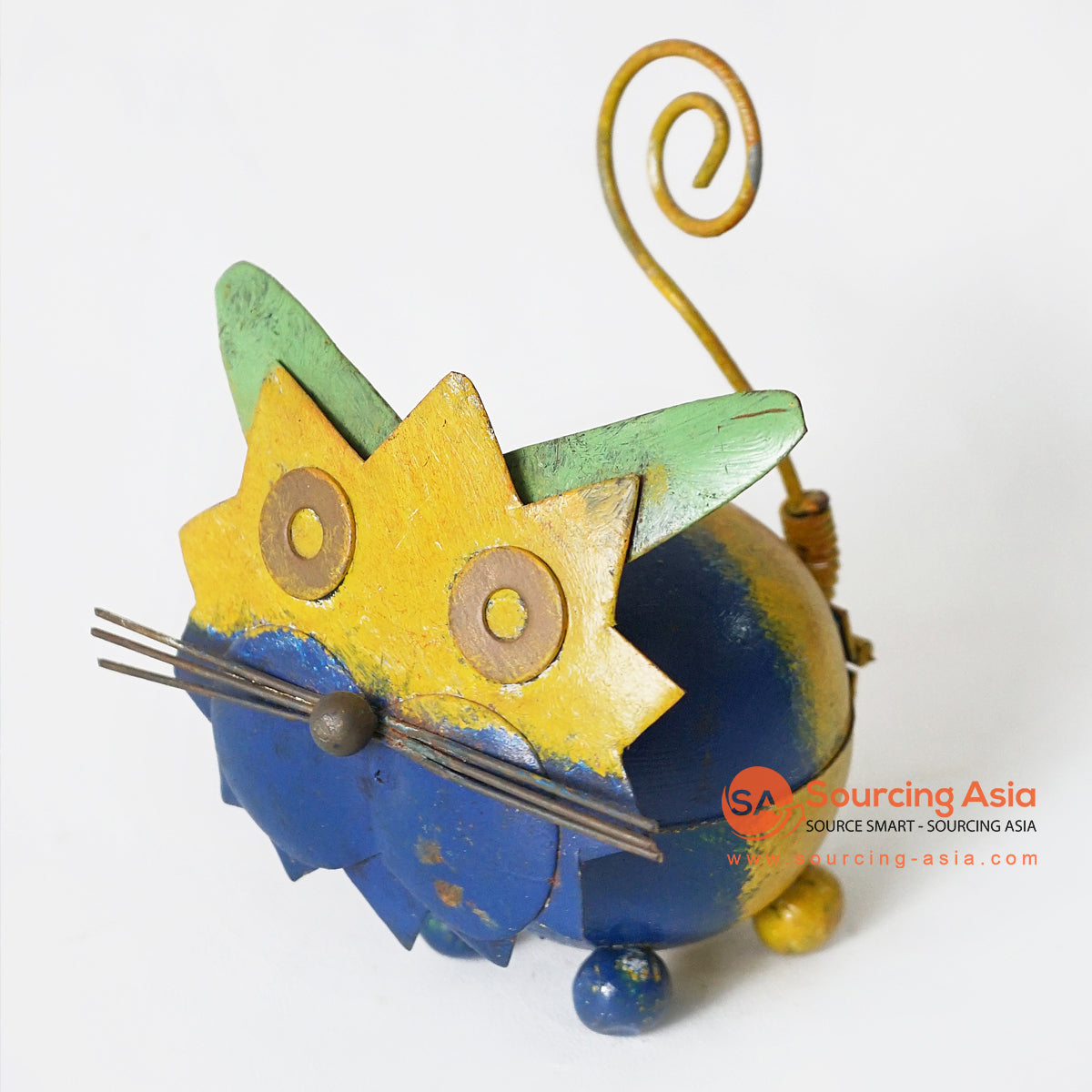 MHRC133 HAND PAINTED DEEP BLUE AND YELLOW METAL CAT DECORATION