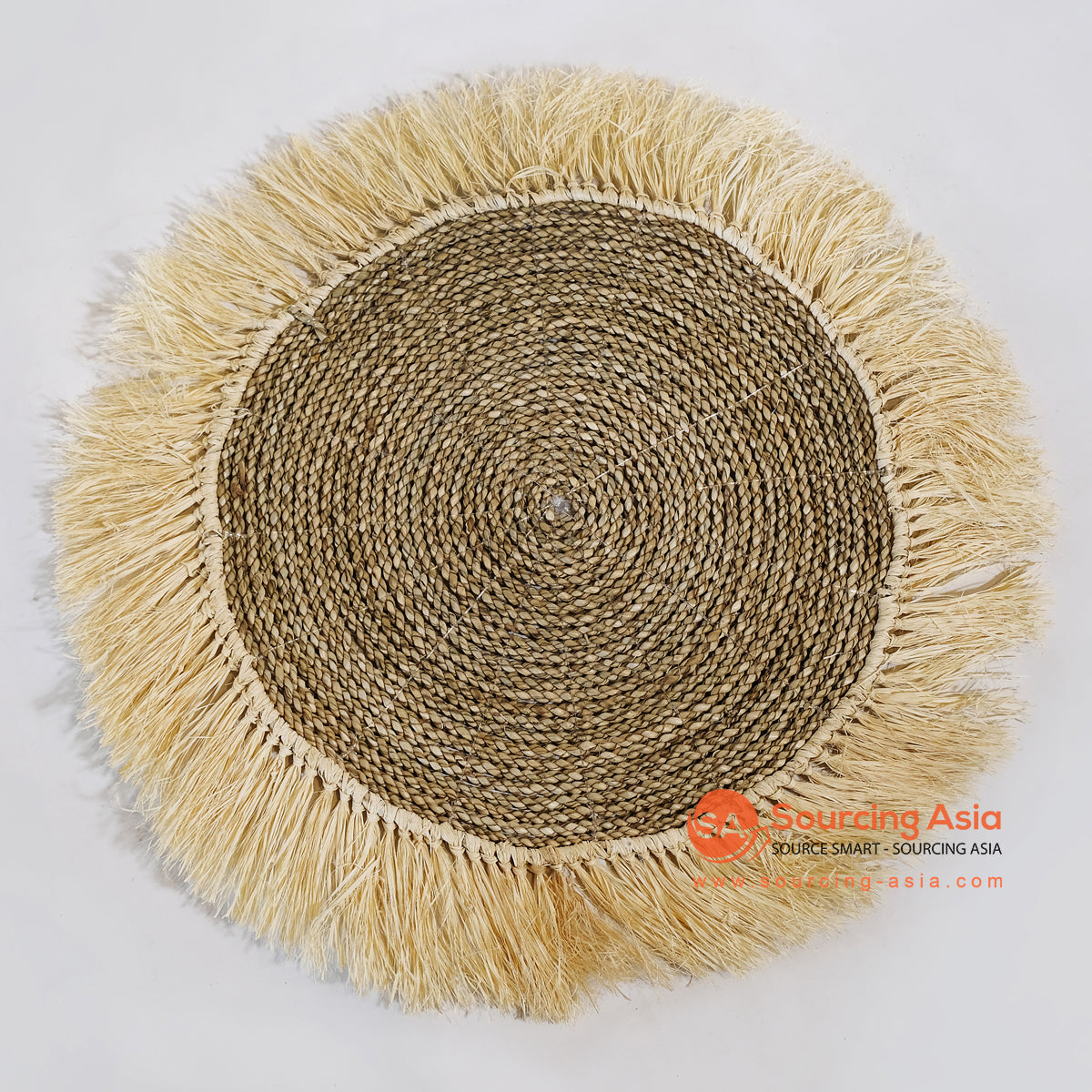 MRC011 NATURAL SEAGRASS ROUND PLACEMAT WITH LIGHT BROWN FRINGE