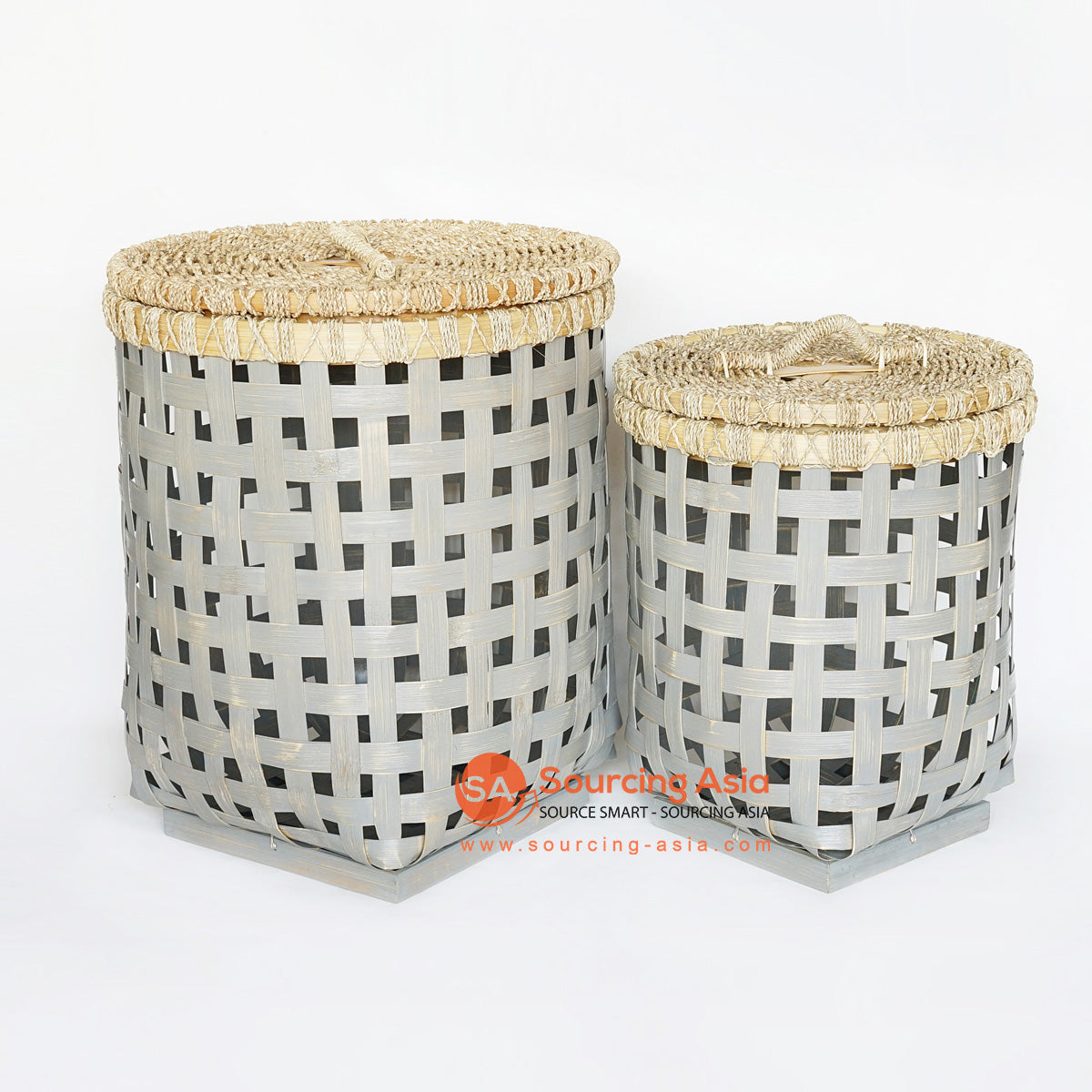 MRC074 SET OF TWO GREY BAMBOO BASKETS WITH NATURAL LID