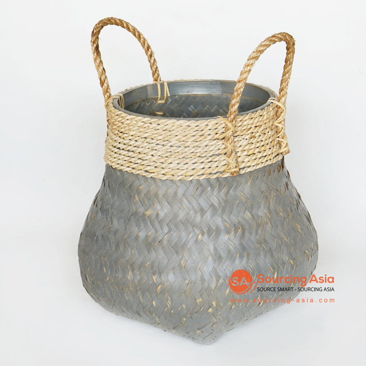 MRC083 DARK GREY BAMBOO BASKET WITH WHITE SEAGRASS EDGES AND HANDLE
