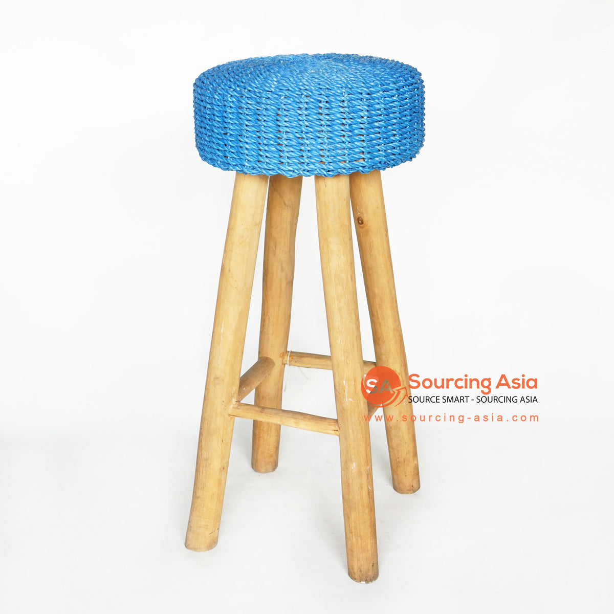 MRC147 NATURAL TEAK WOOD STOOL WITH BLUE SEAGRASS SEAT