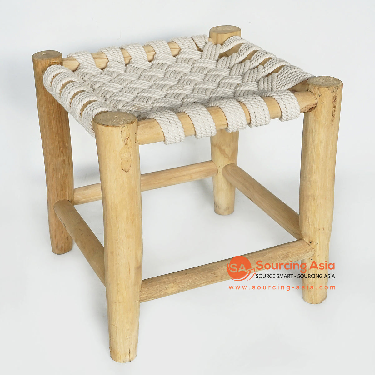 MRC162 NATURAL TEAK WOOD SQUARE STOOL WITH WHITE ROPE SEAT