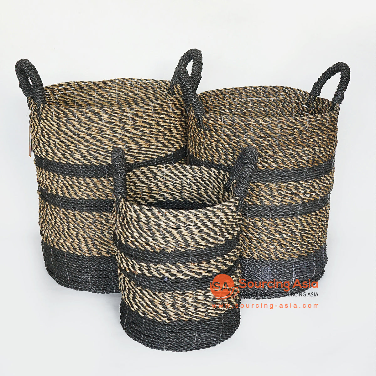 MRC169 SET OF THREE NATURAL AND BLACK SEAGRASS BASKETS WITH BLACK HANDLE