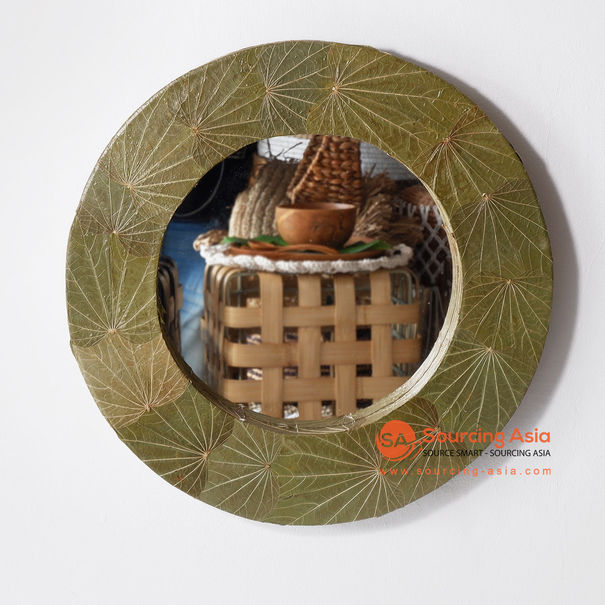 MRC204 RESIN AND NATURAL DRIED LEAVES ROUND MIRROR