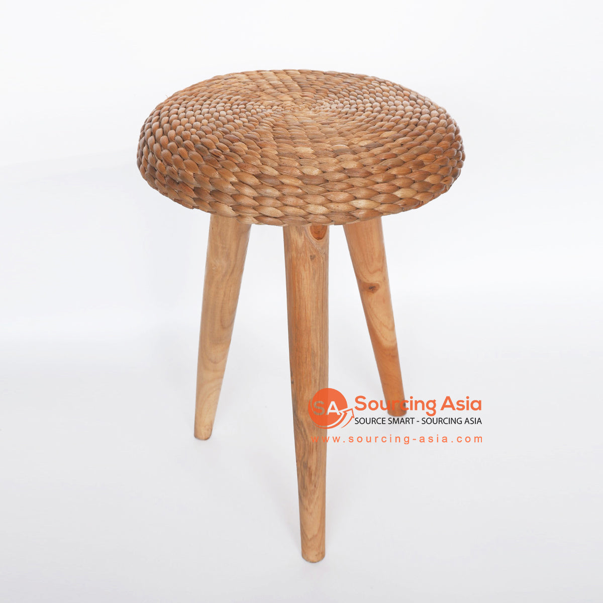 MRC268 NATURAL WATER HYACINTH AND TEAK WOOD ROUND STOOL WITH THREE LEGS