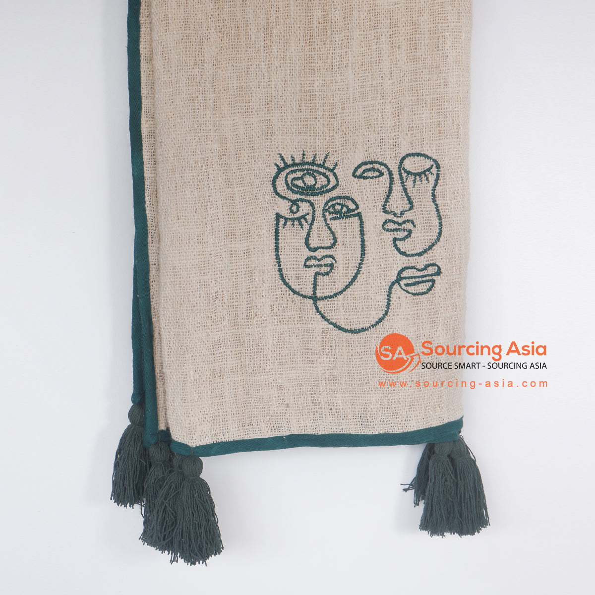 MRC302 NATURAL COTTON THROW BLANKET WITH DARK GREEN EMBROIDERY AND TASSELS