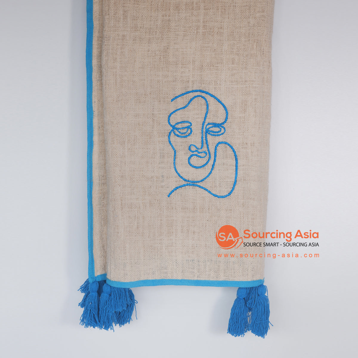MRC303 NATURAL COTTON THROW BLANKET WITH LIGHT BLUE EMBROIDERY AND TASSELS
