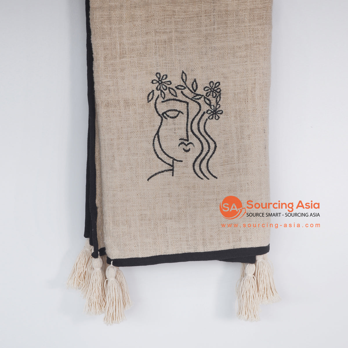 MRC304 NATURAL COTTON THROW BLANKET WITH TASSELS AND BLACK EMBROIDERY
